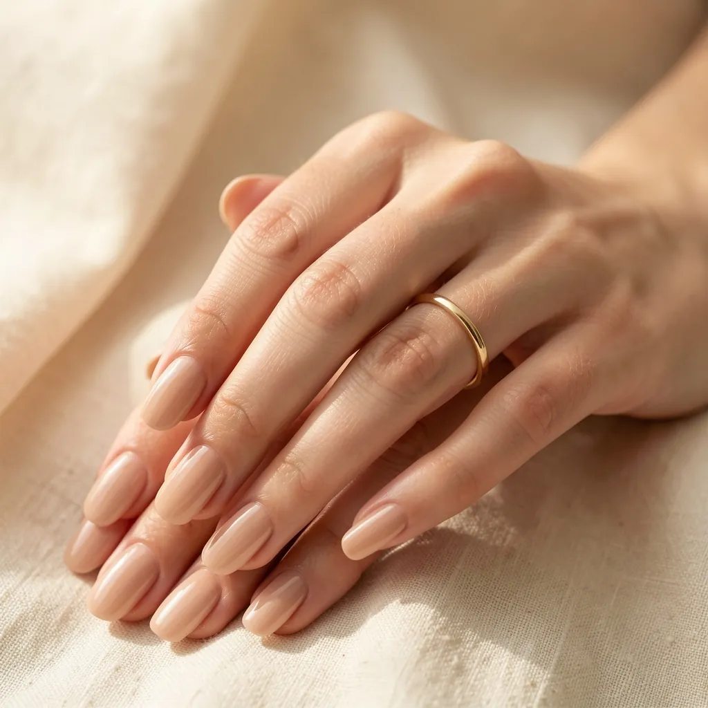 Manos con uñas almendradas en nude semipermanente sobre una tela de lino.