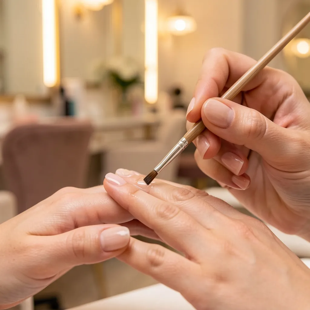 Manicurista aplicando una capa fina de gel con un pincel sobre una uña.