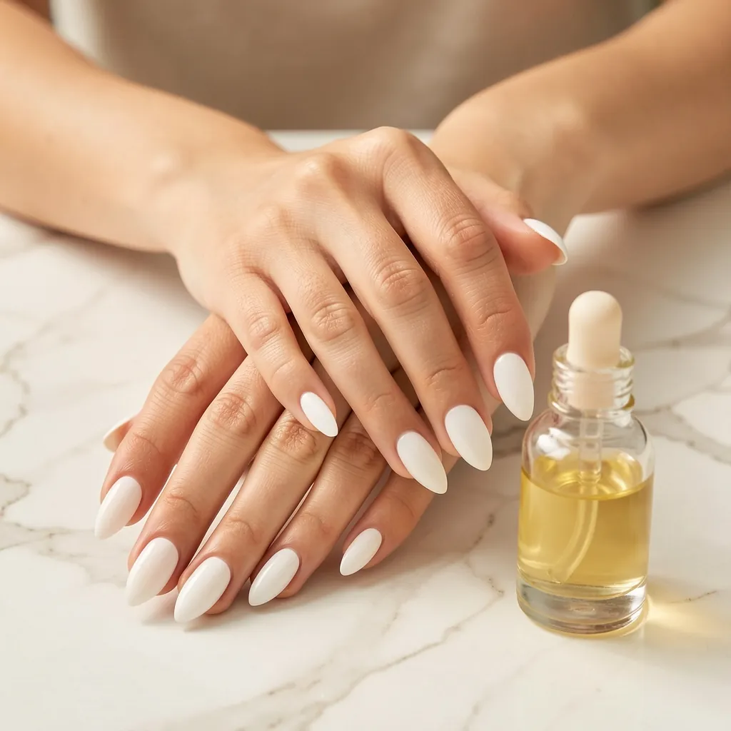 Manos con uñas almendradas color blanco lechoso sobre mármol, junto a un frasquito de aceite.